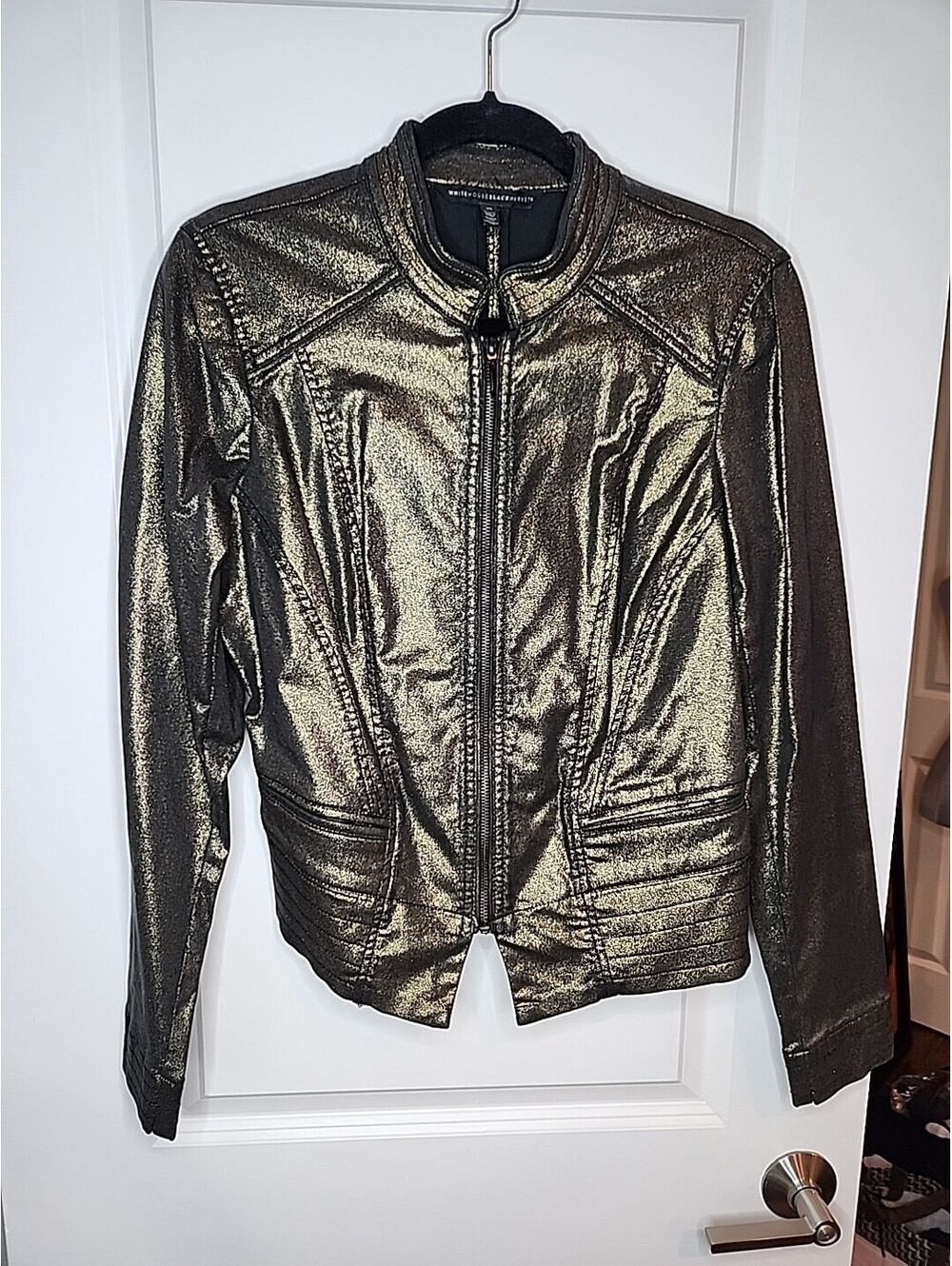 WHBM Denim Coated Jacket Gold Foil Band Fitted Women's Sz 10 Stretch MINT
